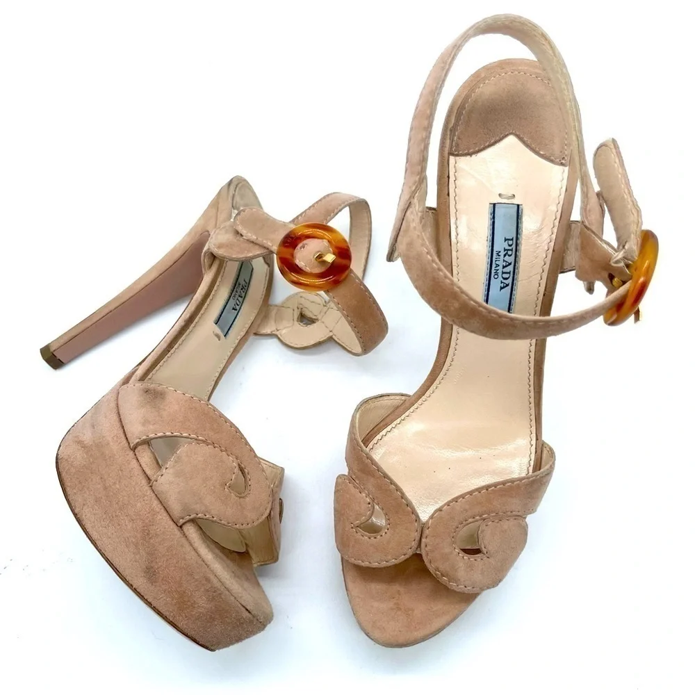 Prada Beige/ Tan Suede leather platform strappy ankle strap sandals heels 37